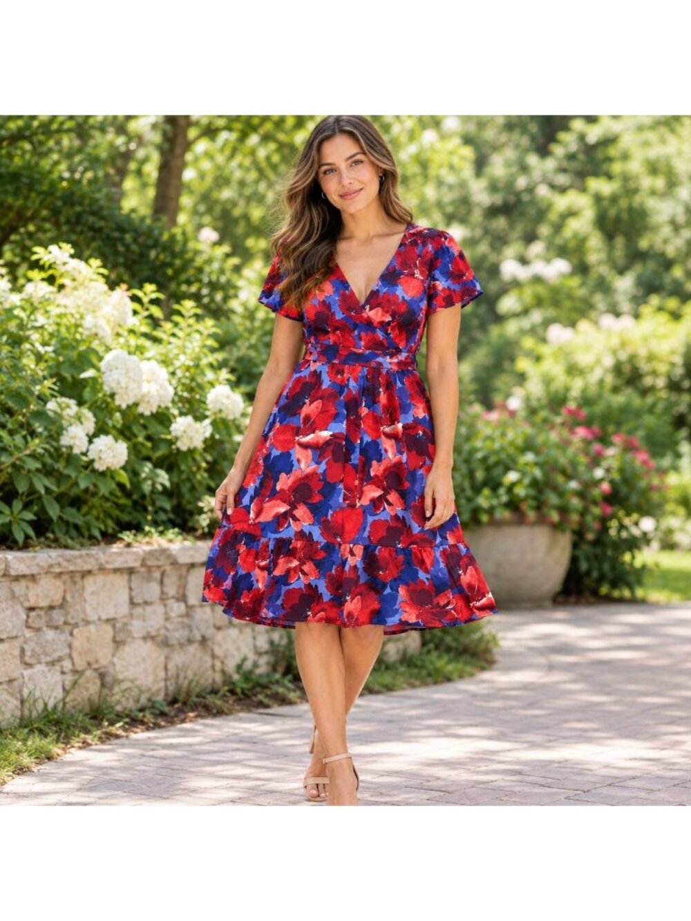 Draper James Womens Floral Dress S Red Blue Short Sleeve Lightweight Polyes